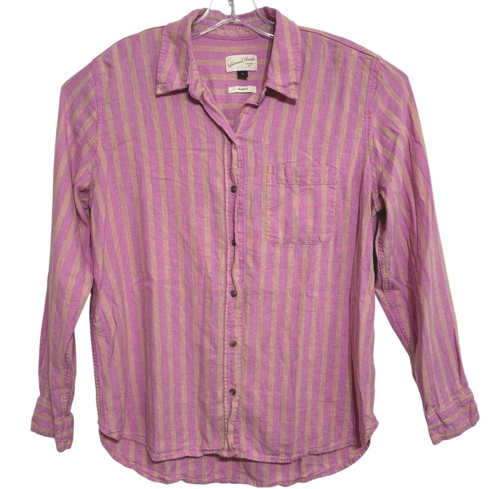 Universal Thread Button Down Shirt Womens Pink Tan Stripe Linen Beachy Boho M‎
